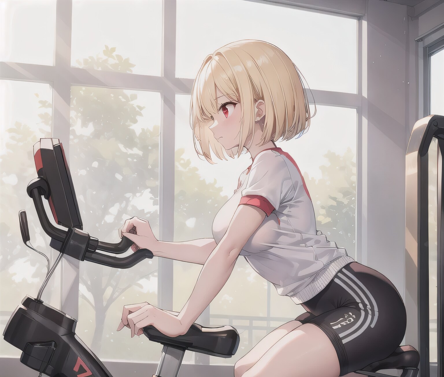 金髪ボブでエアロバイクの少女 | の人気AIイラスト・グラビア
