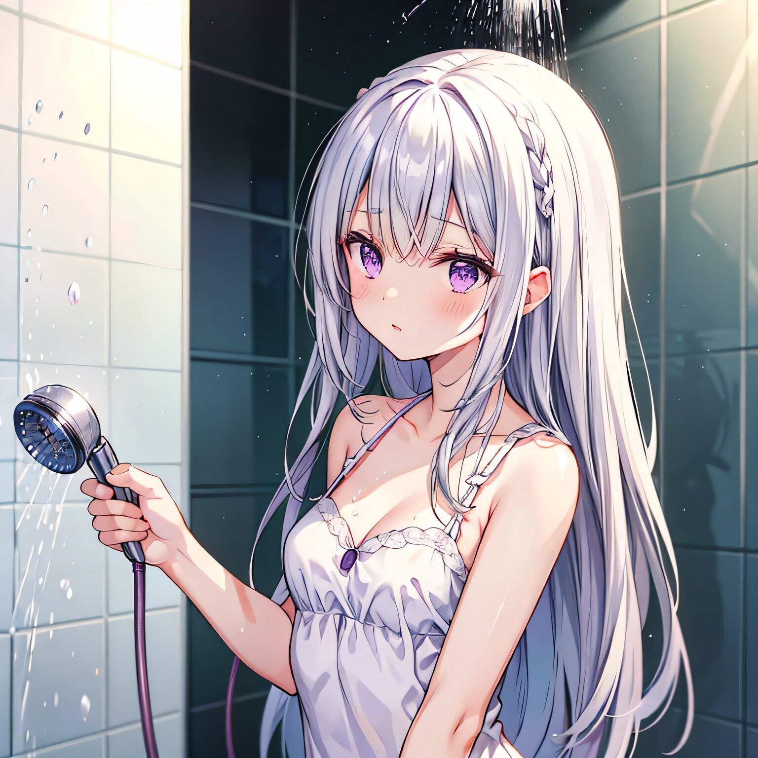 白髪ロングでシャワーの少女３ | の人気AIイラスト・グラビア