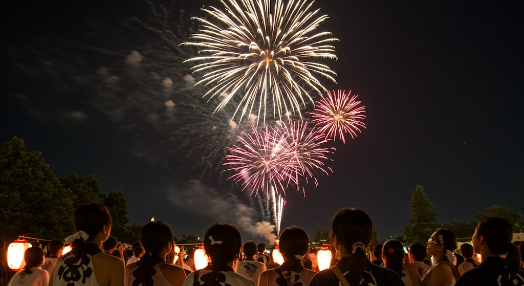 Girls enjoying fireworks at the summer festival