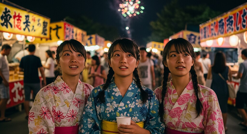 Girls enjoying fireworks at the summer festival