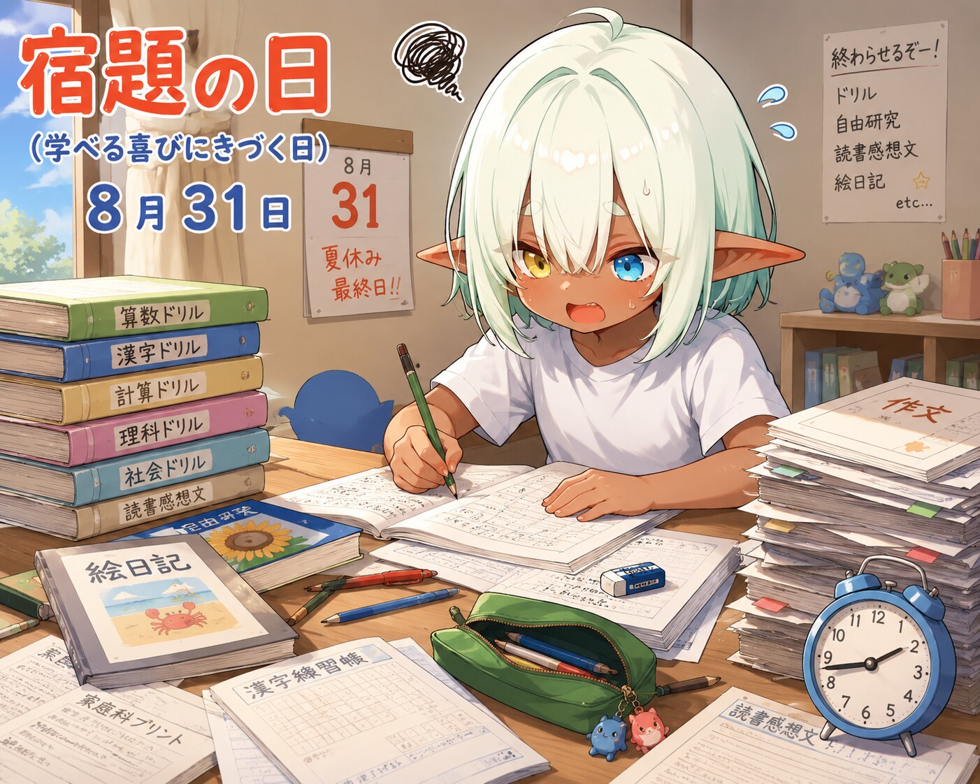 [今日は何の日 8/31] 宿題の日（学べる喜びにきづく日） | の人気AIイラスト・グラビア