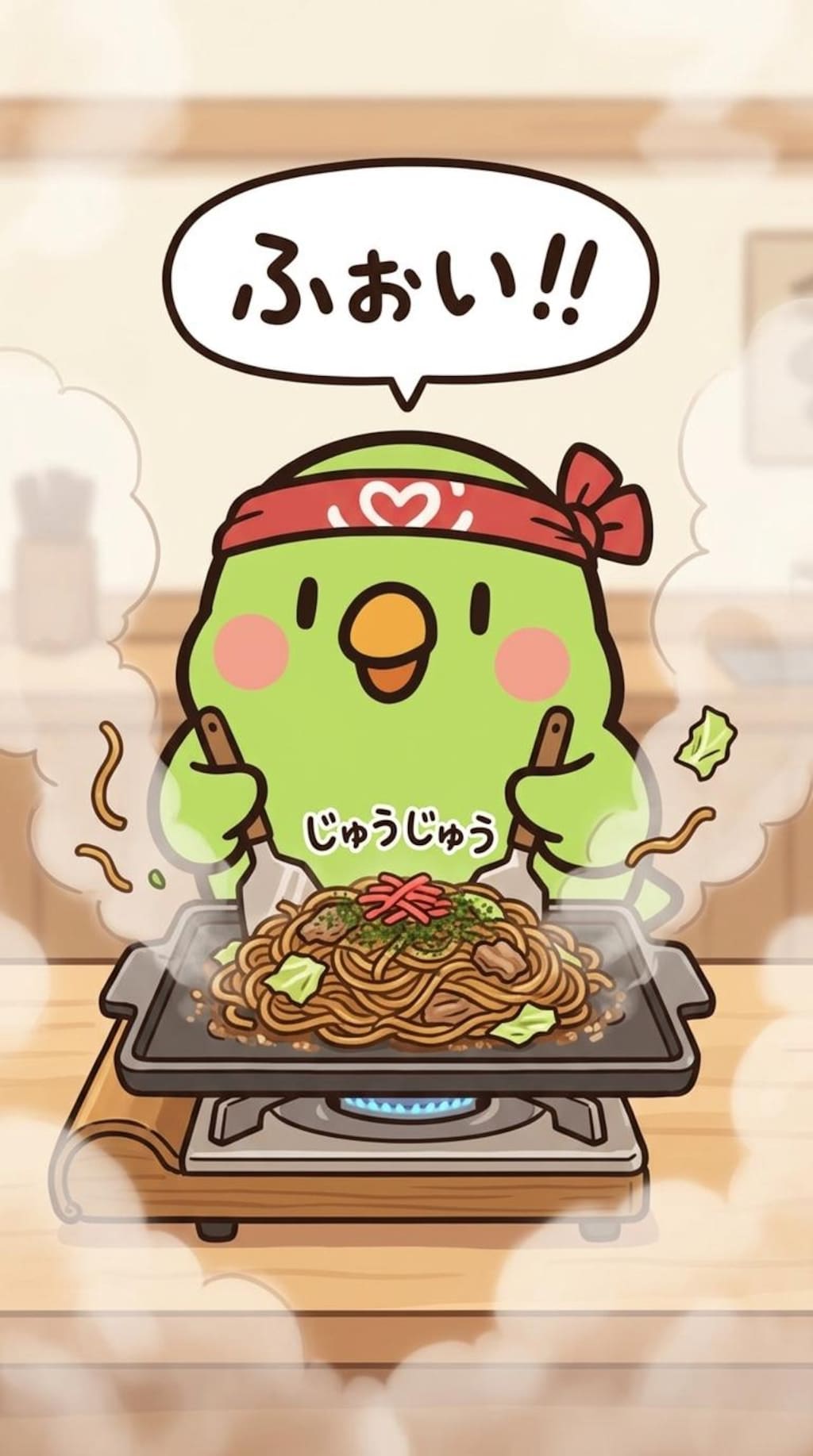 焼きそばを作るインコ