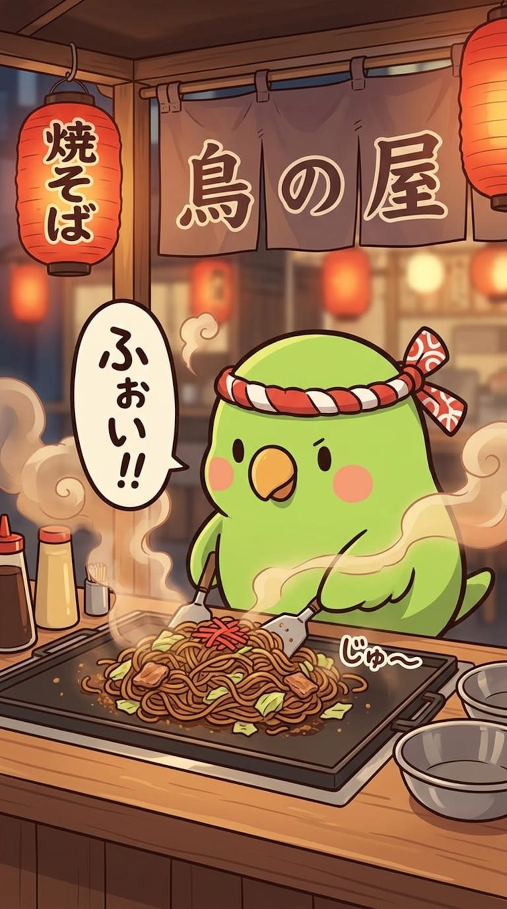 焼きそばを作るインコ