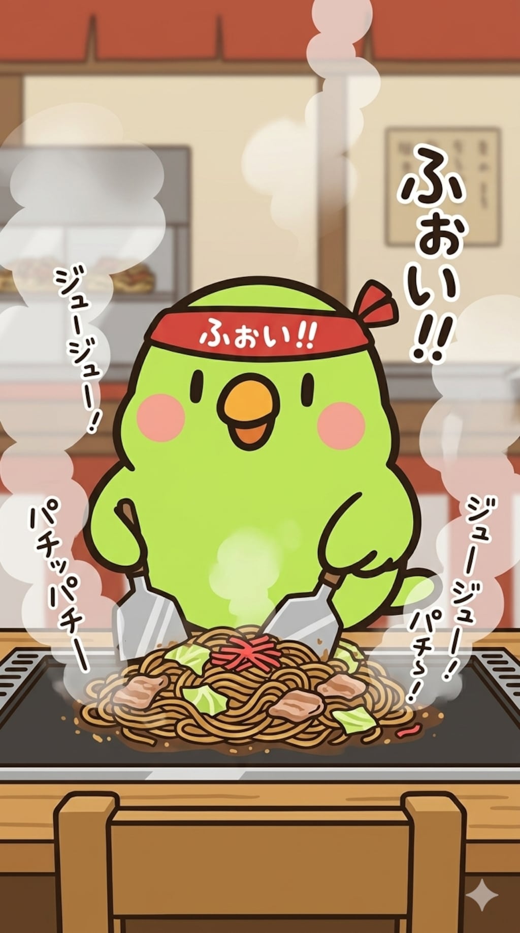 焼きそばを作るインコ