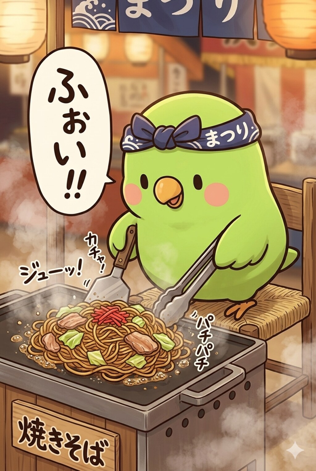 焼きそばを作るインコ