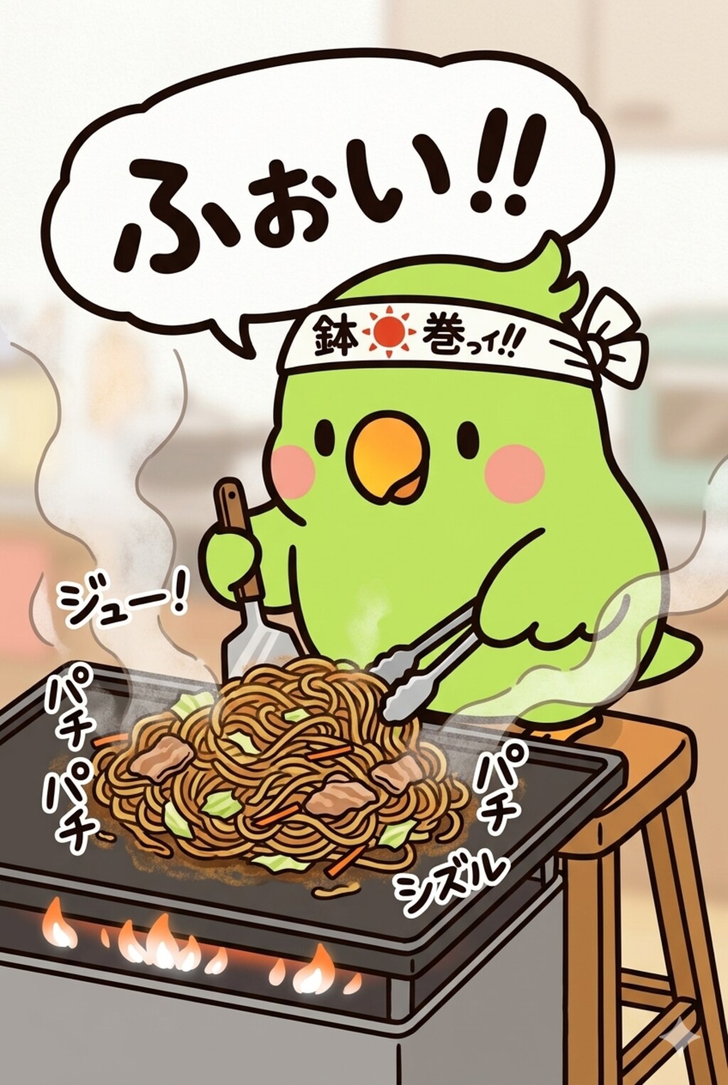 焼きそばを作るインコ