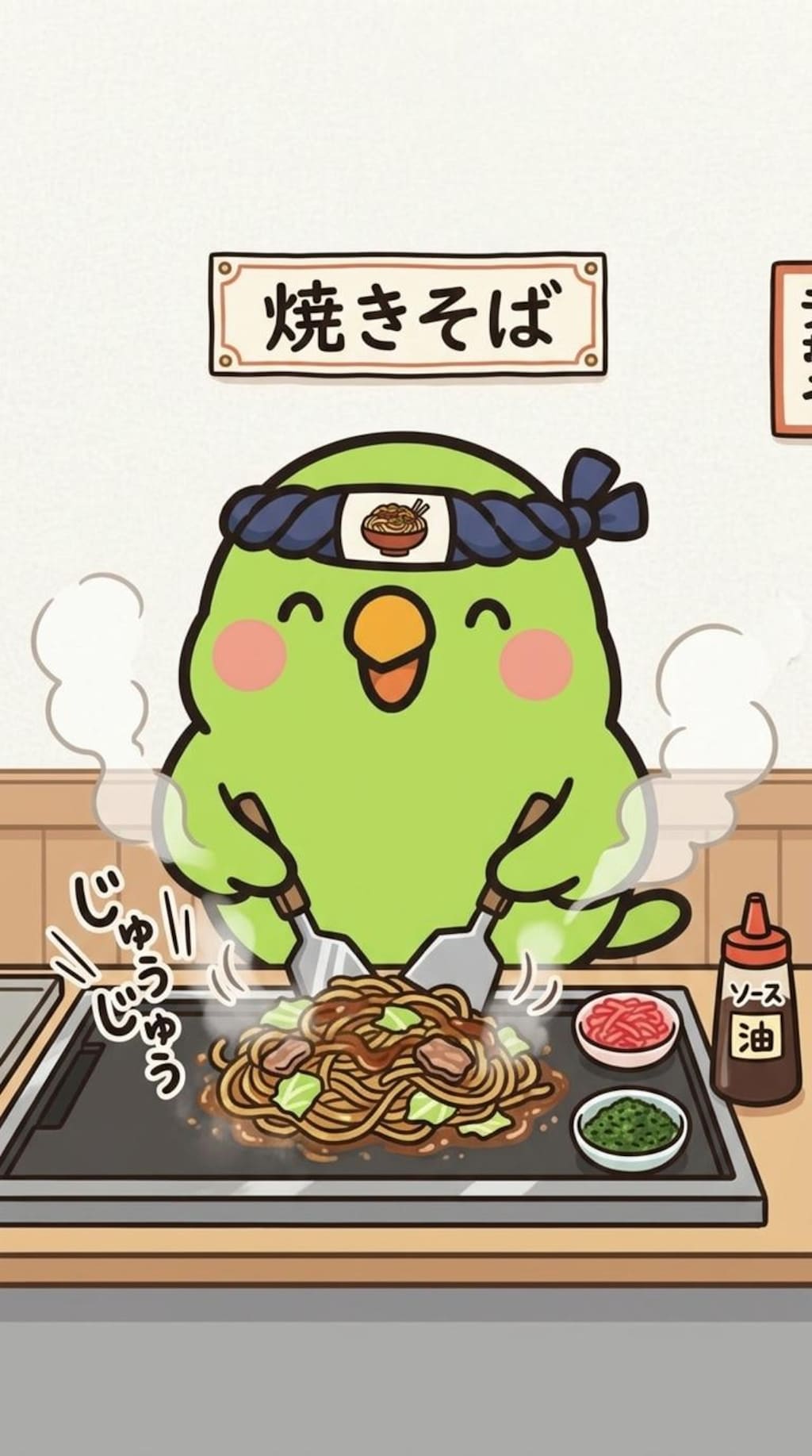 焼きそばを作るインコ