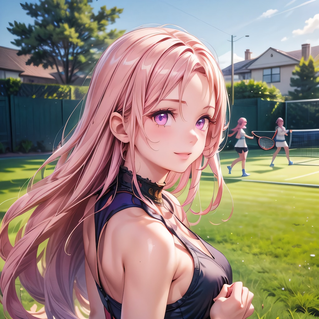 ピンク髪ロングでテニスウェアの少女２