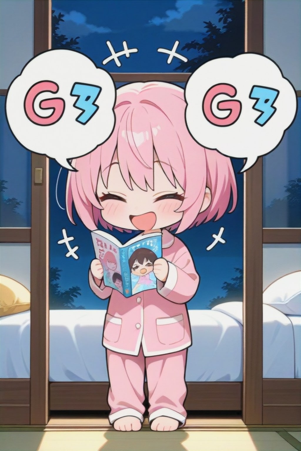 漫画を読むピンク髪ちゃん