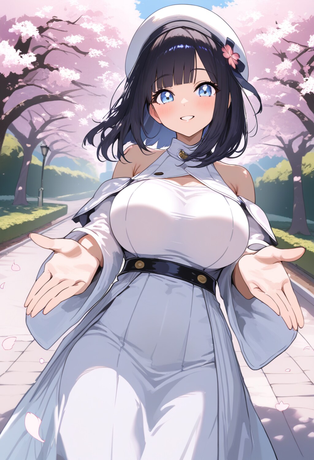 ナナミ(表紙のキャラ)と桜並木🌸👗