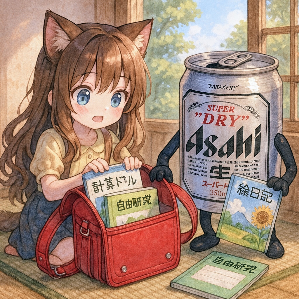 夏休みの宿題をランドセルに入れる小さな女の子