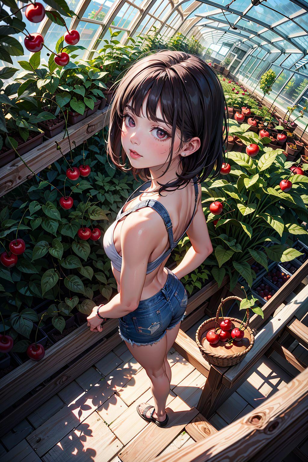 めっちゃ薄着で、さくらんぼ狩り、たのしいね！