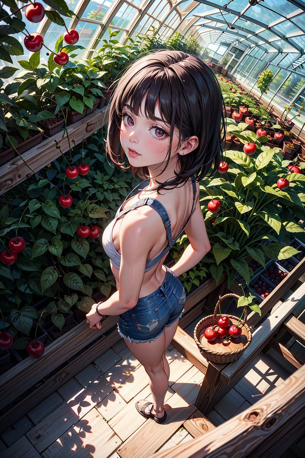 めっちゃ薄着で、さくらんぼ狩り、たのしいね！