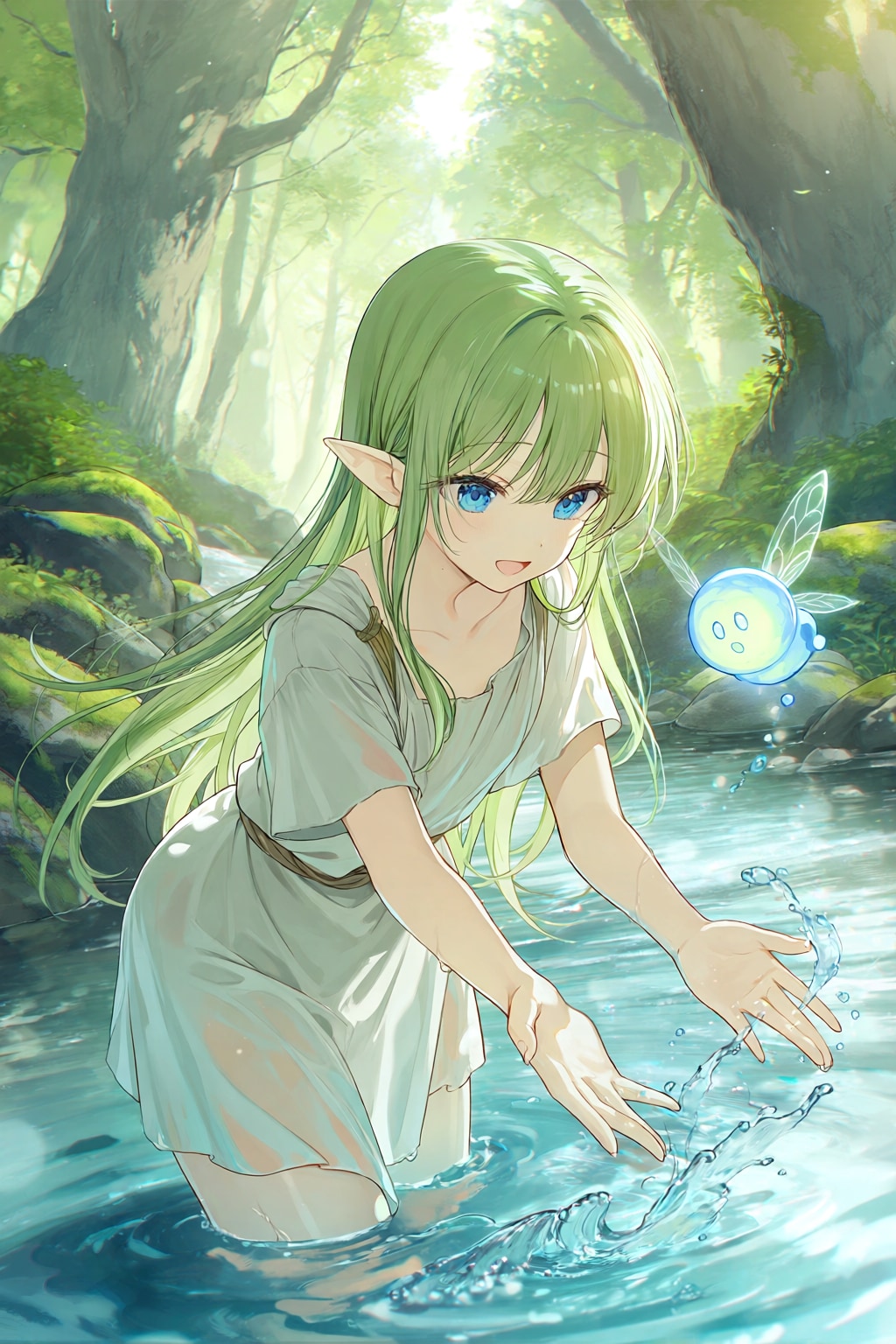 人里離れた山奥の川で水遊びを楽しむエルフの女の子