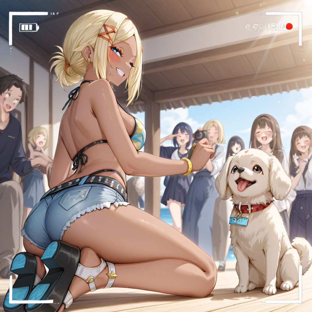 金髪ギャルと子犬を撮影中