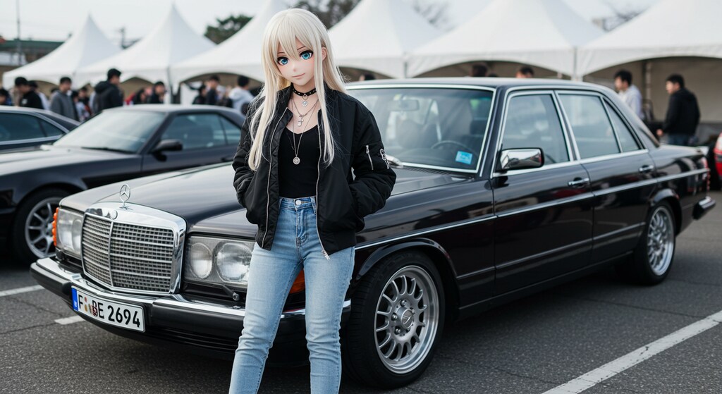 アニメキャラとメルセデスベンツセダン