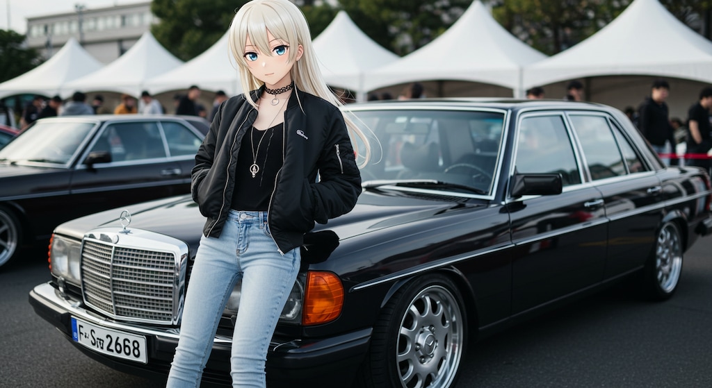 アニメキャラとメルセデスベンツセダン