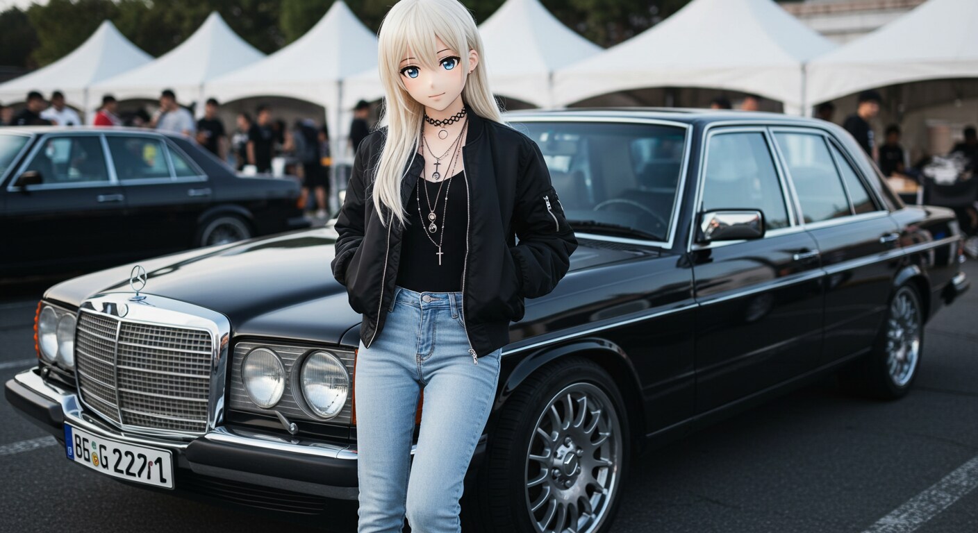 アニメキャラとメルセデスベンツセダン | の人気AIイラスト・グラビア