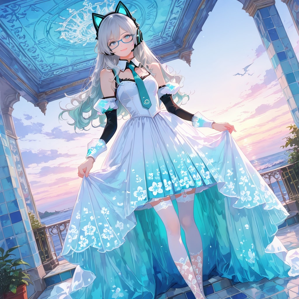 Azulejoデザインの建物内でAzulejo風デザインのドレスを身に纏ったジゼル