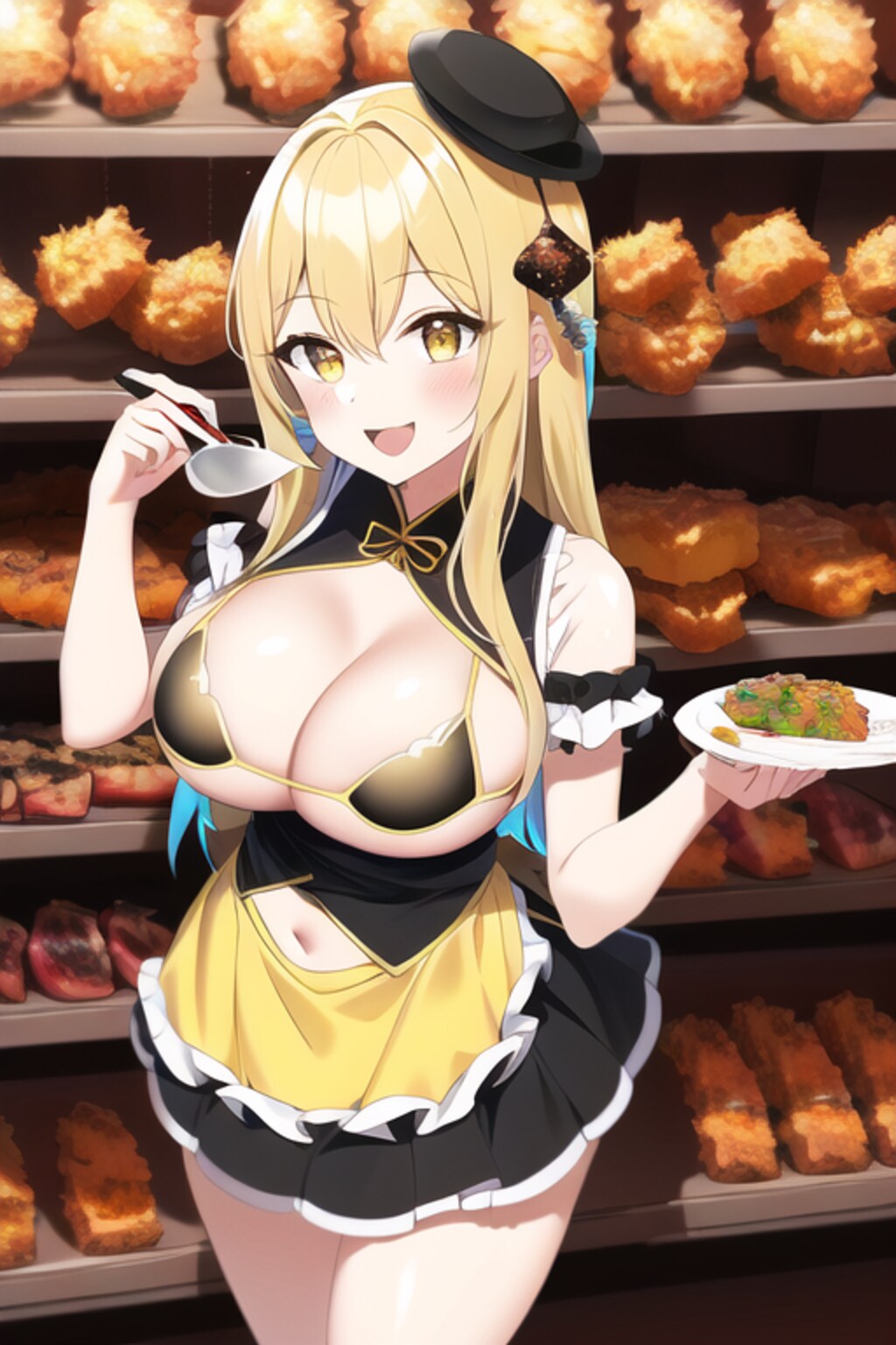 ヘソ出しチャイナドレスと赤身肉の天ぷらです