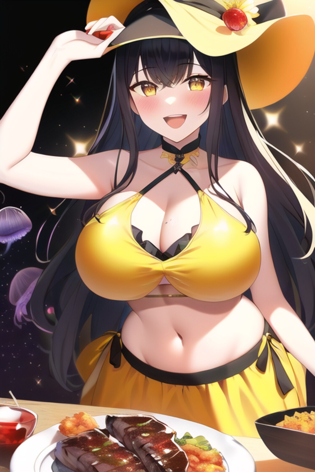 ヘソ出しチャイナドレスと赤身肉の天ぷらです