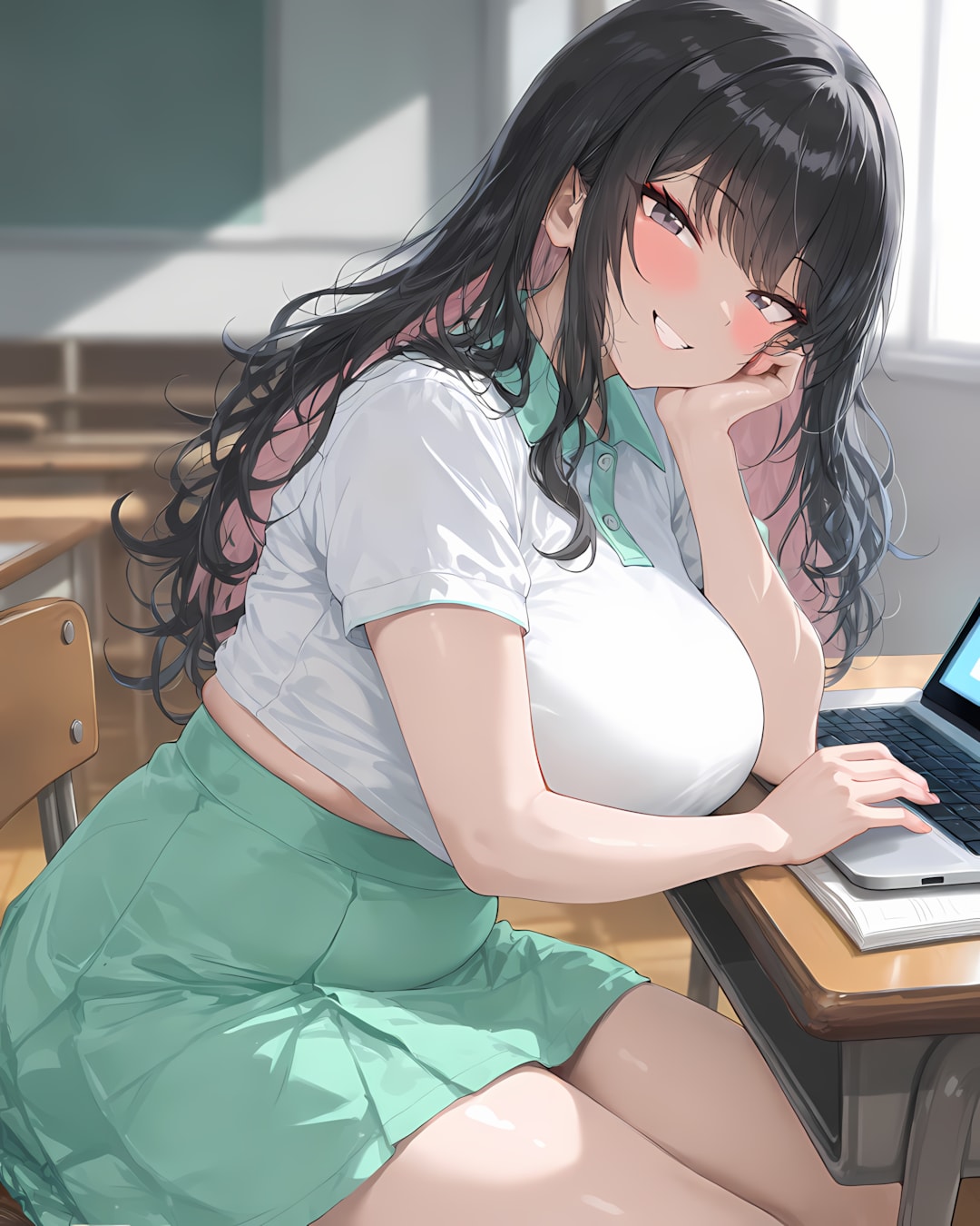 💻講義室で頬杖…ミントミニスカのリナちゃんとキャンパス受講📚 | の人気AIイラスト・グラビア
