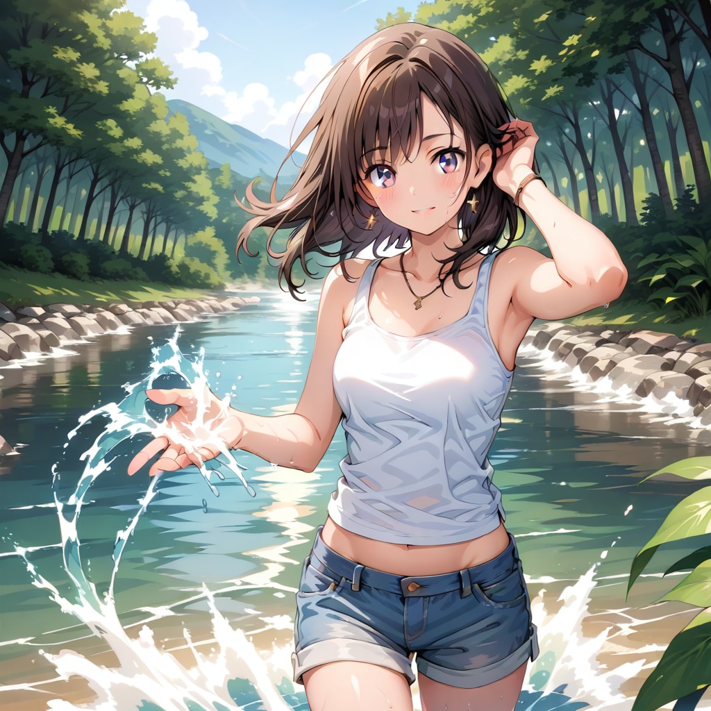 河原で水遊び