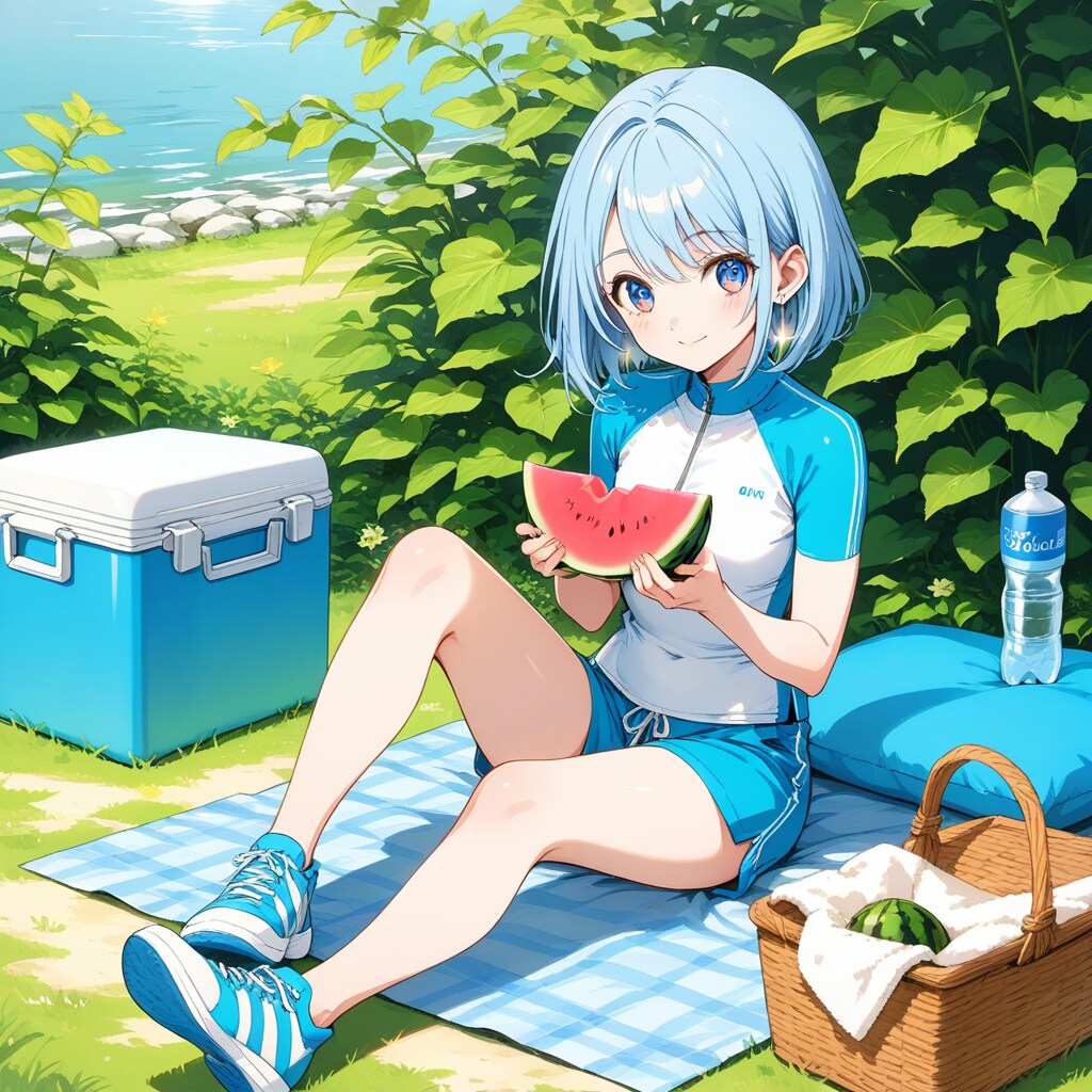 草陰で楽しむスイカ休憩