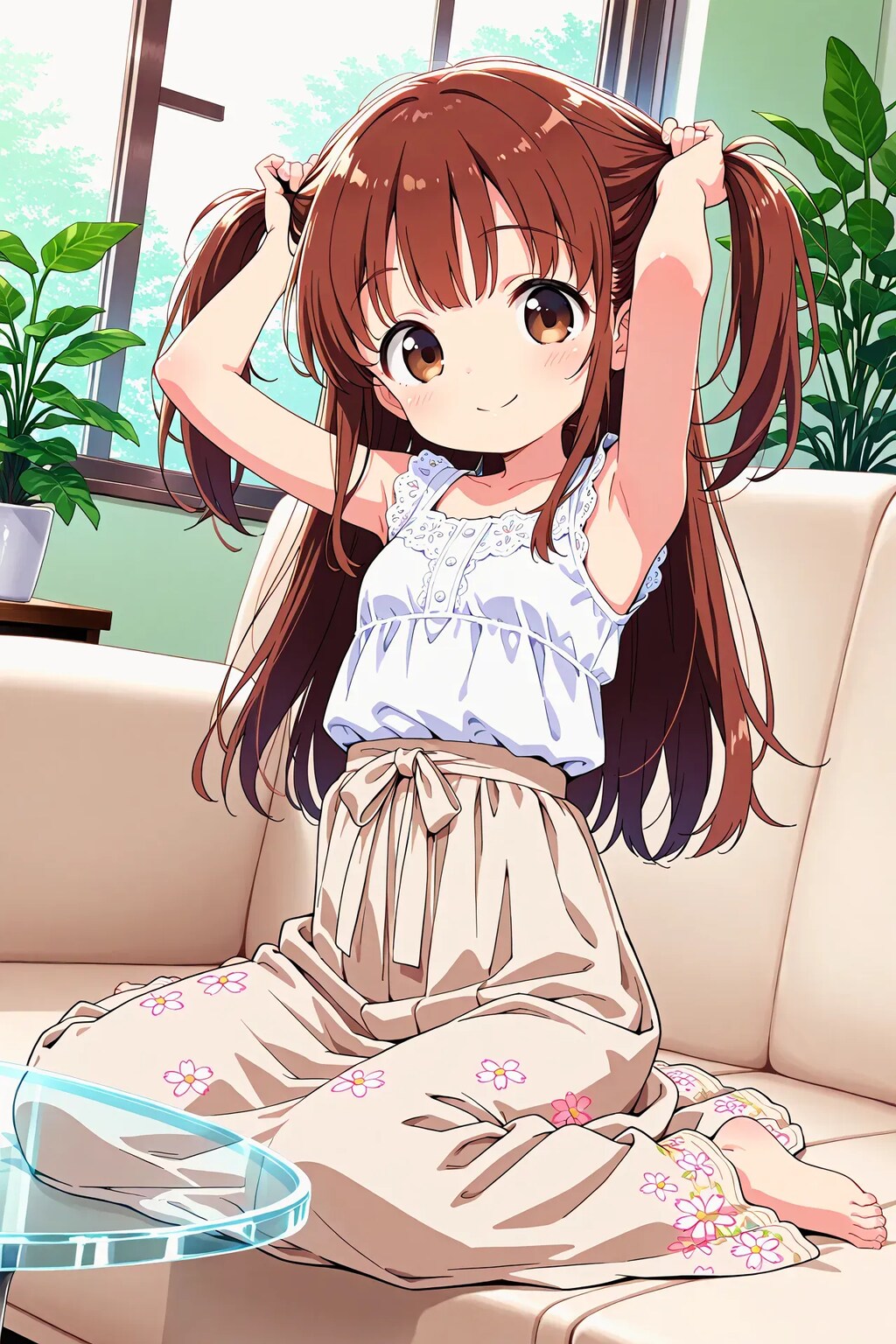 かえでちゃんが髪を束ねる