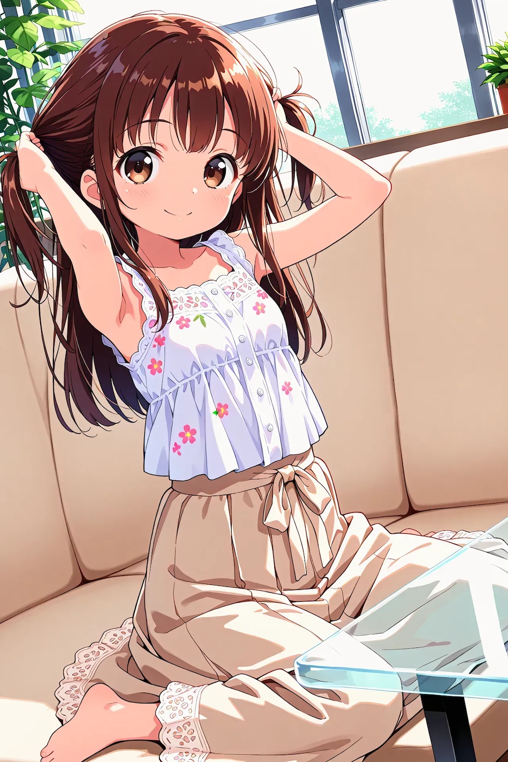 かえでちゃんが髪を束ねる