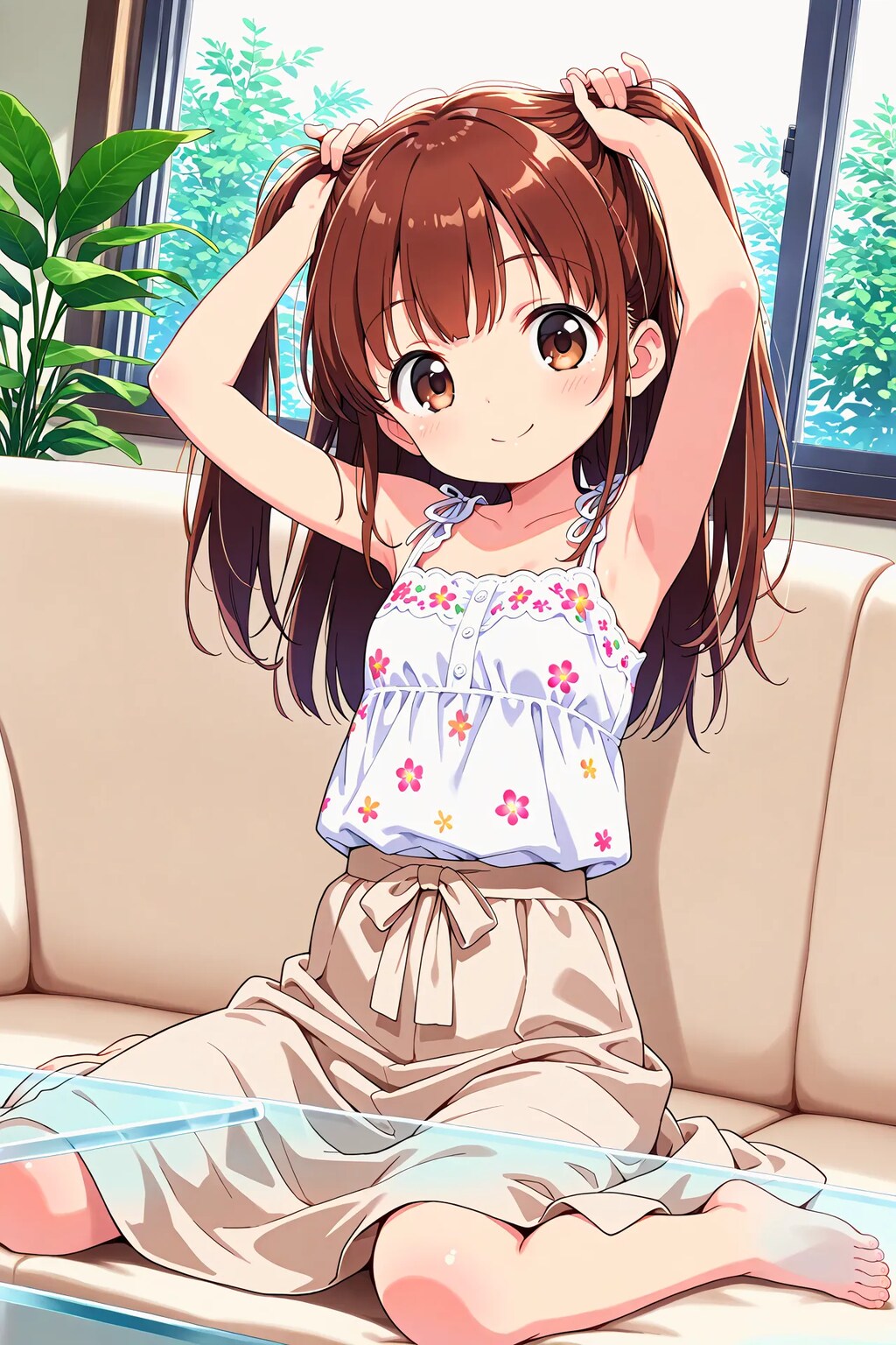 かえでちゃんが髪を束ねる