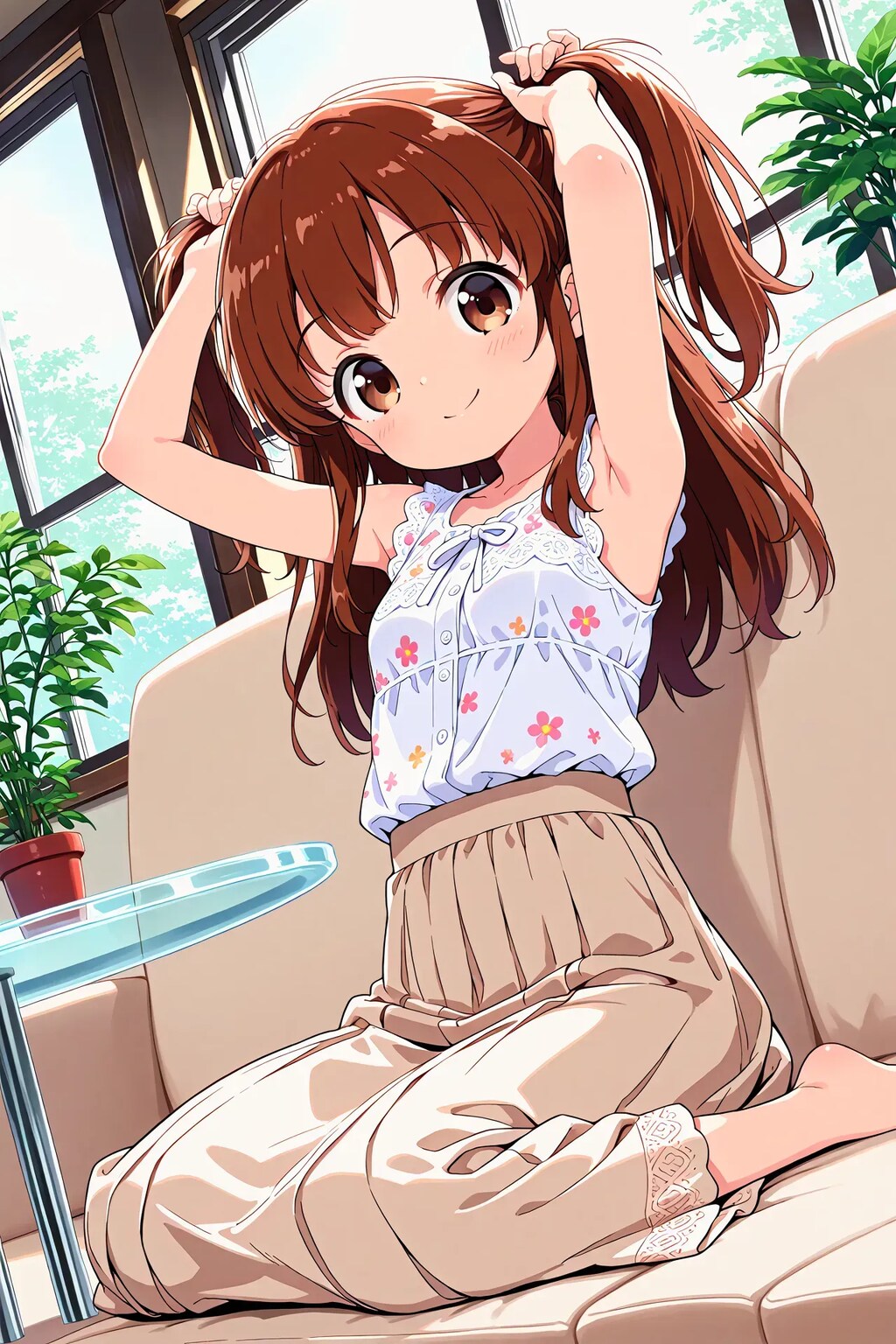 かえでちゃんが髪を束ねる