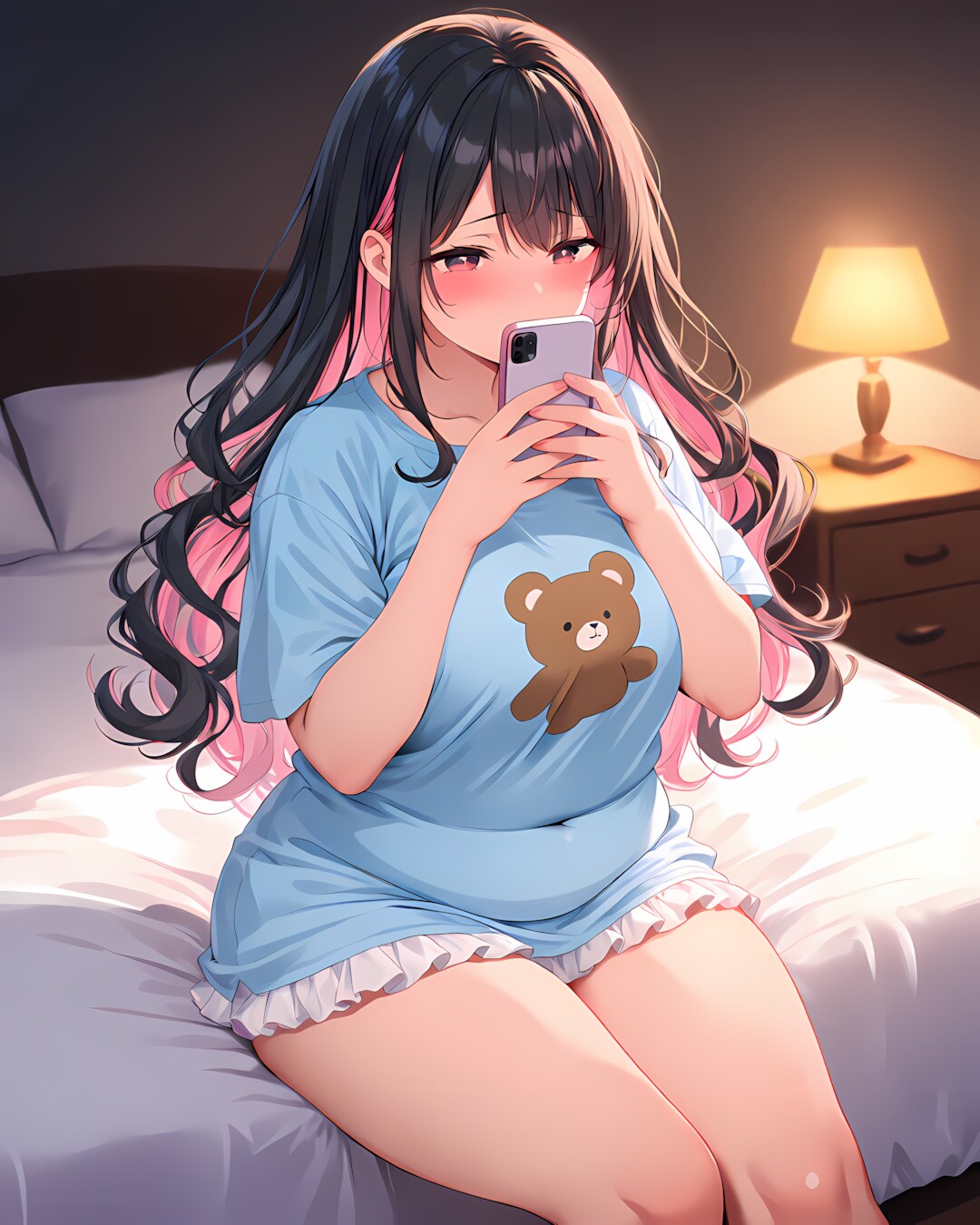 🧸ひんやりクマTシャツの、ベッドルームスマホタイム📱