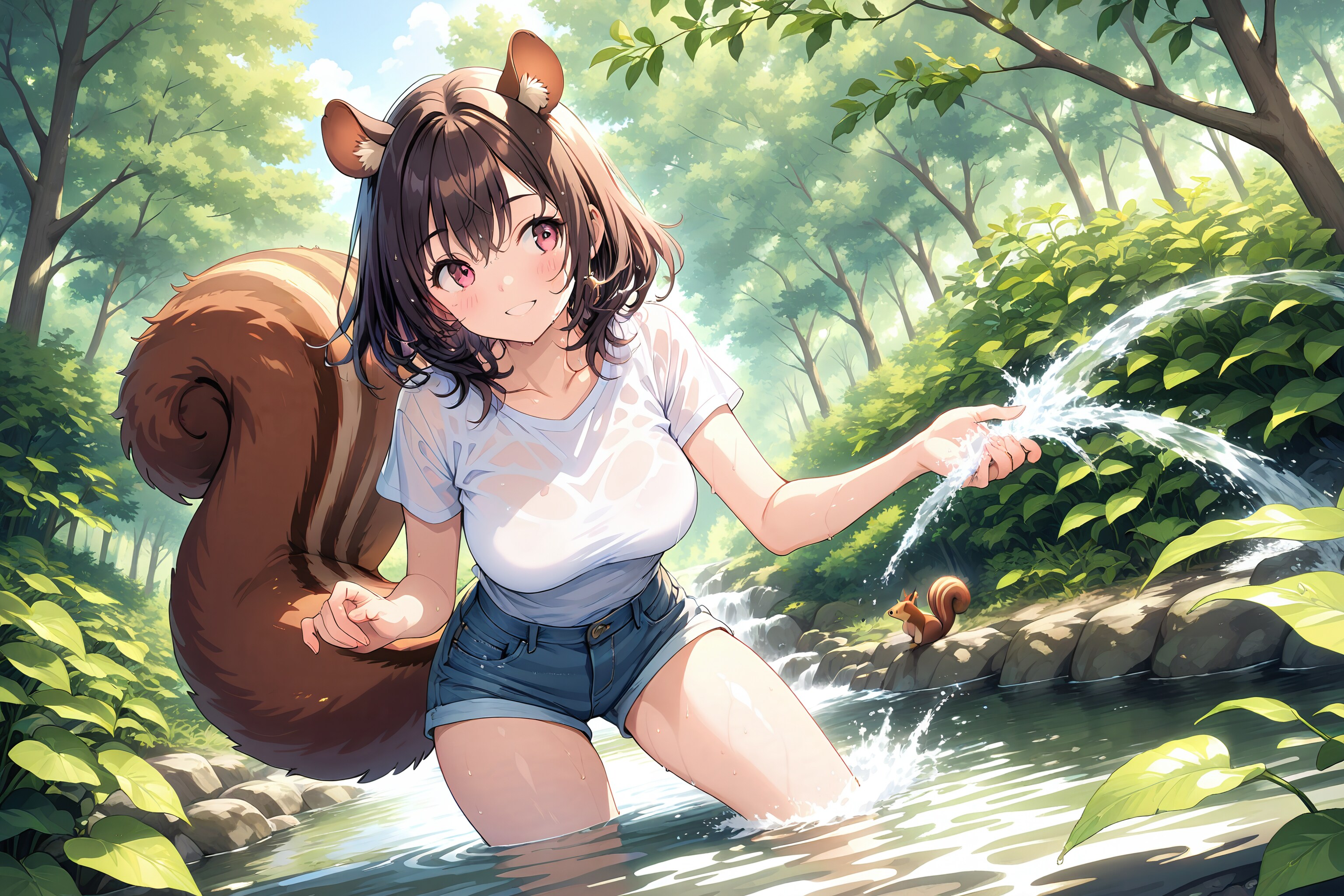 リスとリス獣人の川涼み