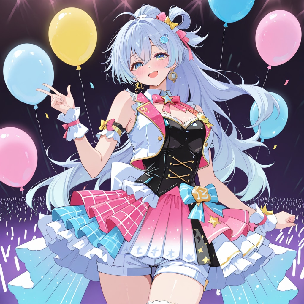 いっぱい色とりどりの風船を持つ水色髪ポニーテールのアイドル衣装着た美少女