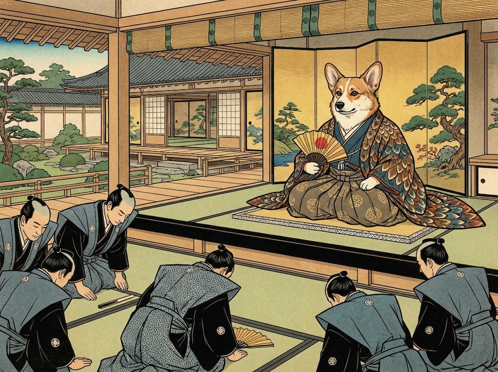 お忍びで町に出た上様・コーギーとお城に戻った上様・コーギー