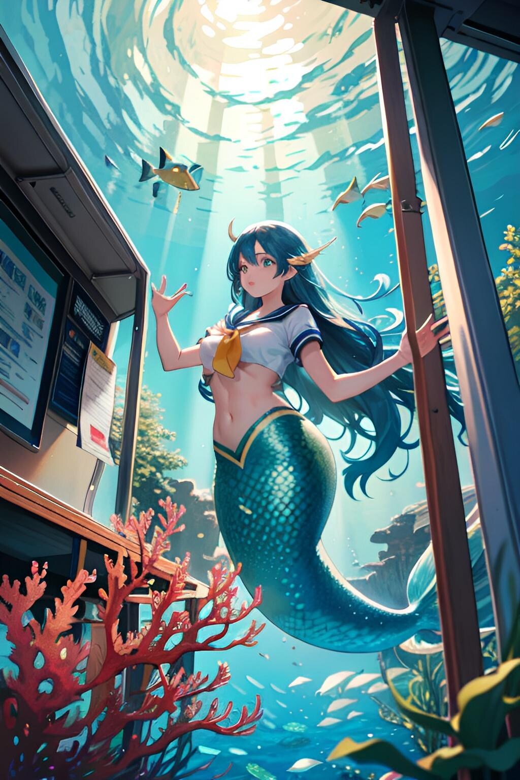 海底バス停でバスを待つ人魚のJK