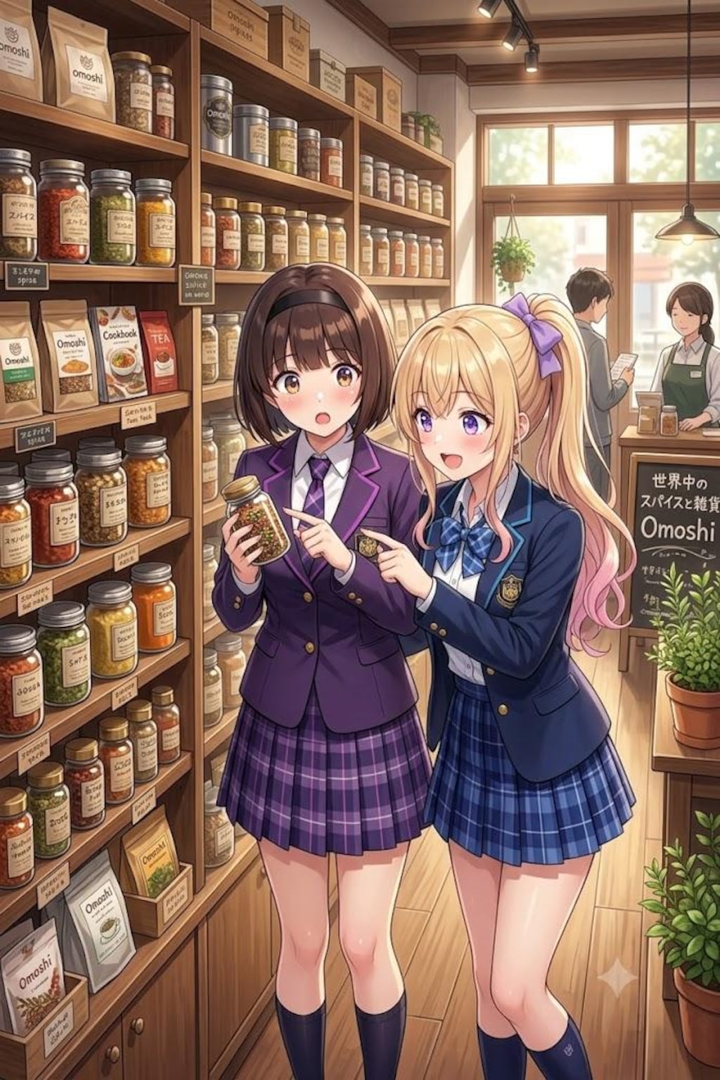 OMOCYでお買い物をする愛央ちゃんとサイドポニーテールちゃん