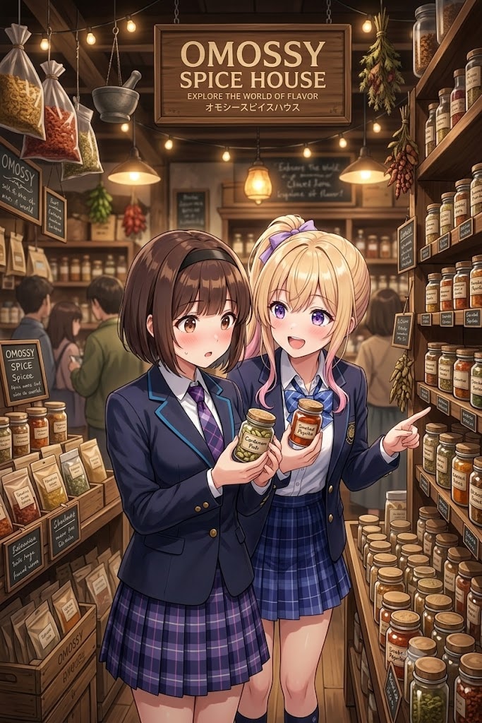 OMOCYでお買い物をする愛央ちゃんとサイドポニーテールちゃん