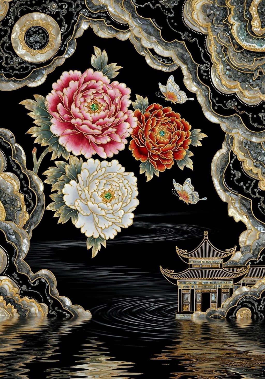 漆塗りに螺鈿と金象嵌で牡丹に蝶