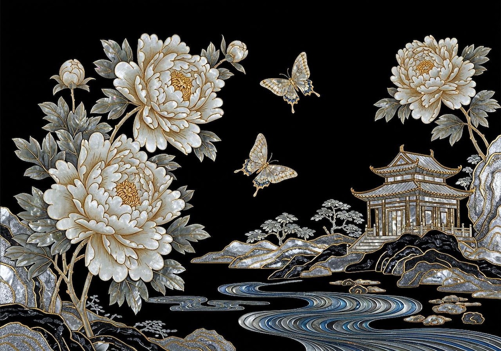 漆塗りに螺鈿と金象嵌で牡丹に蝶