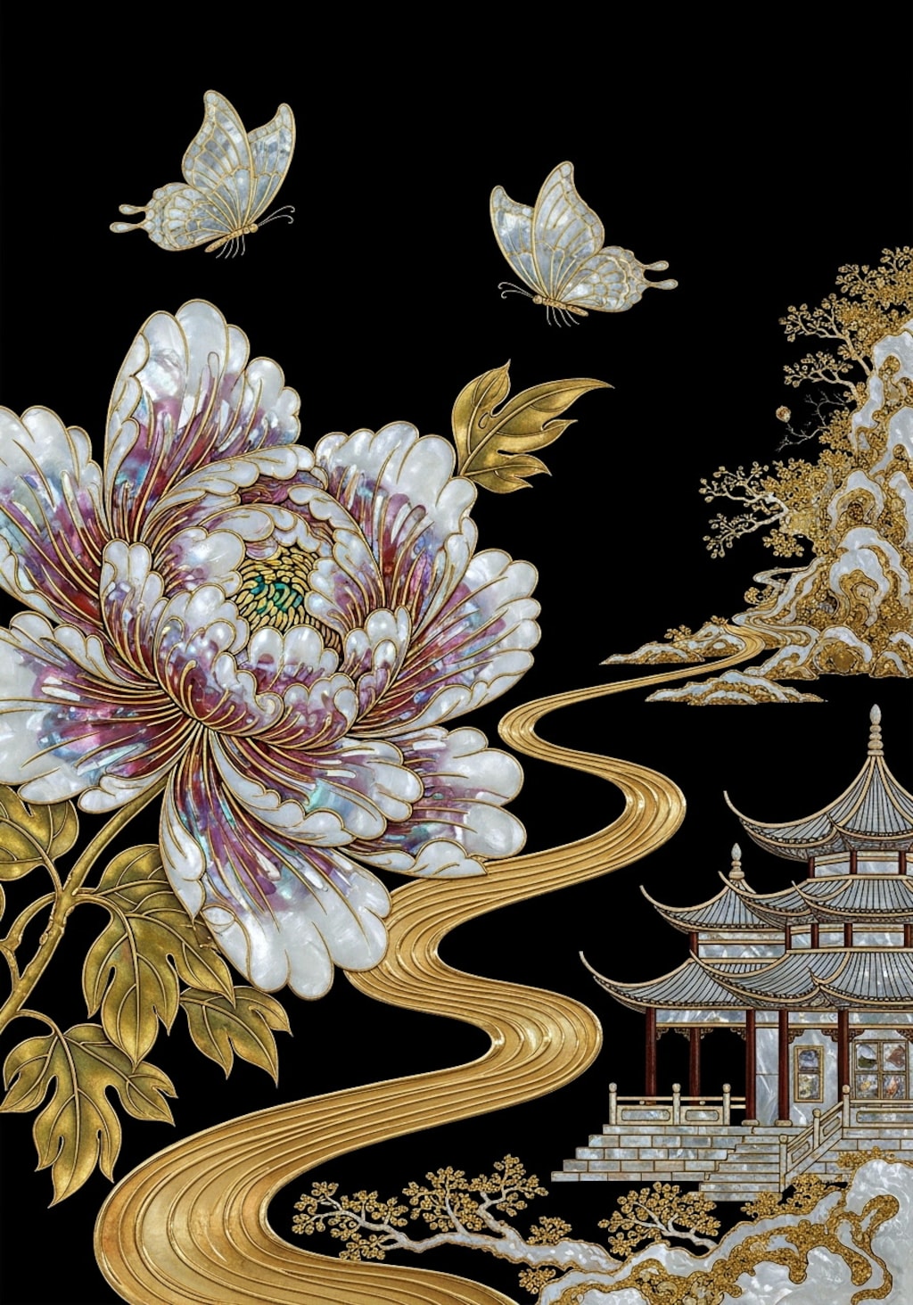 漆塗りに螺鈿と金象嵌で牡丹に蝶