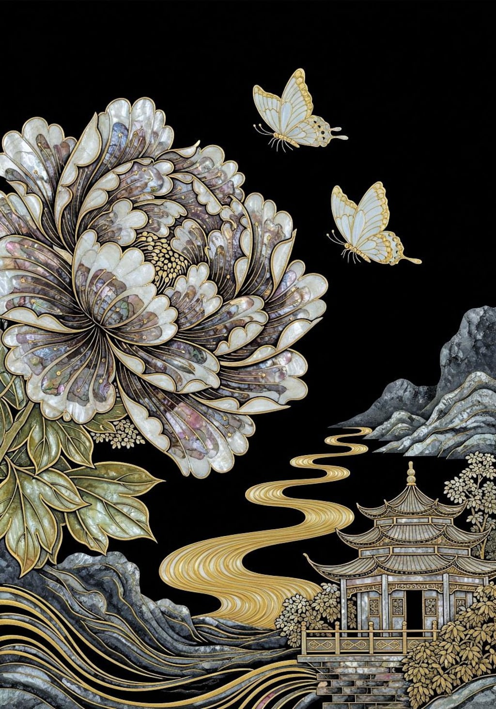 漆塗りに螺鈿と金象嵌で牡丹に蝶