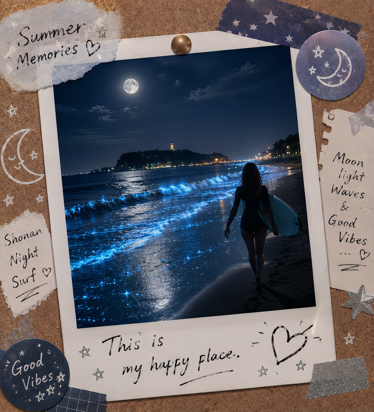 夏の夜のビーチとサーフィン