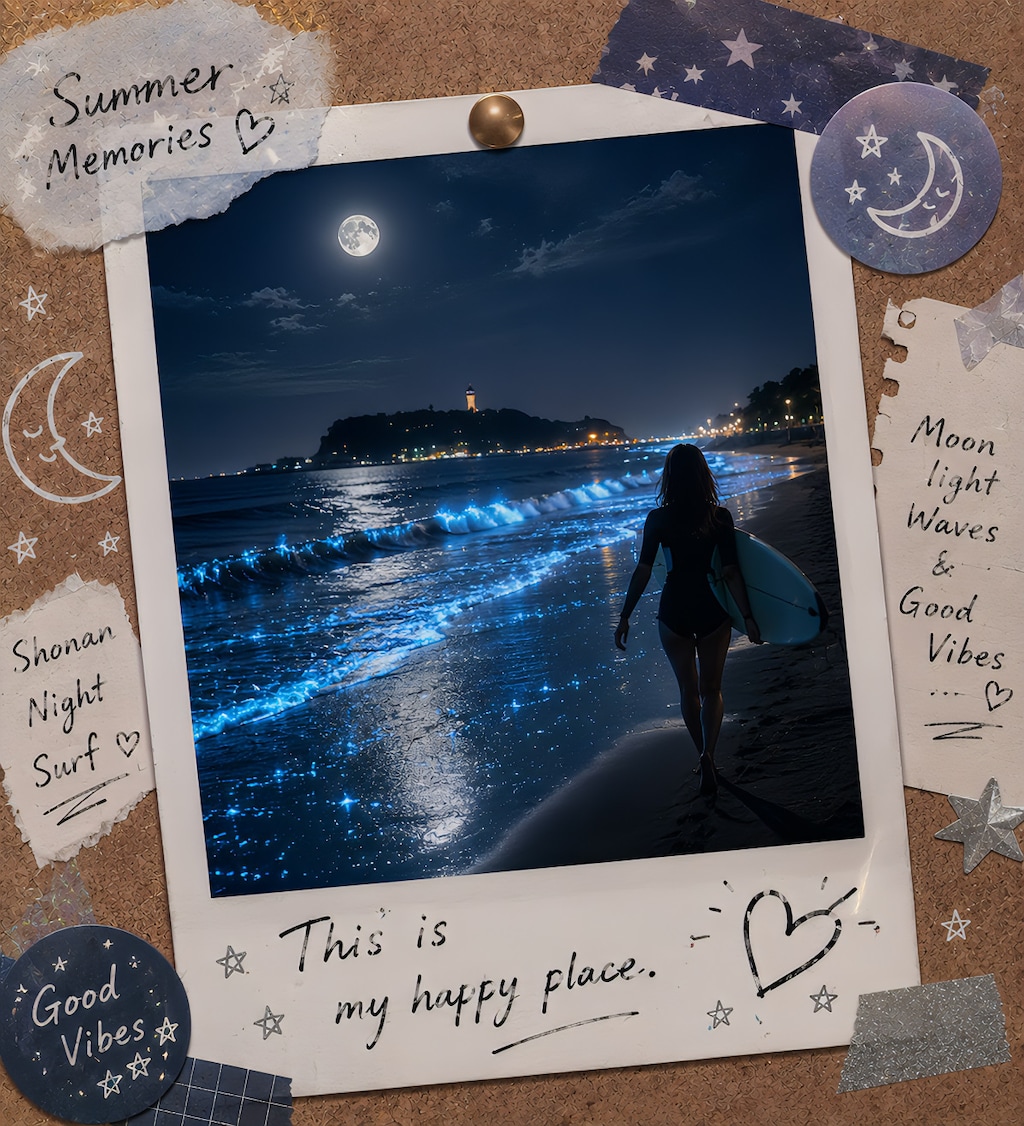 夏の夜のビーチとサーフィン