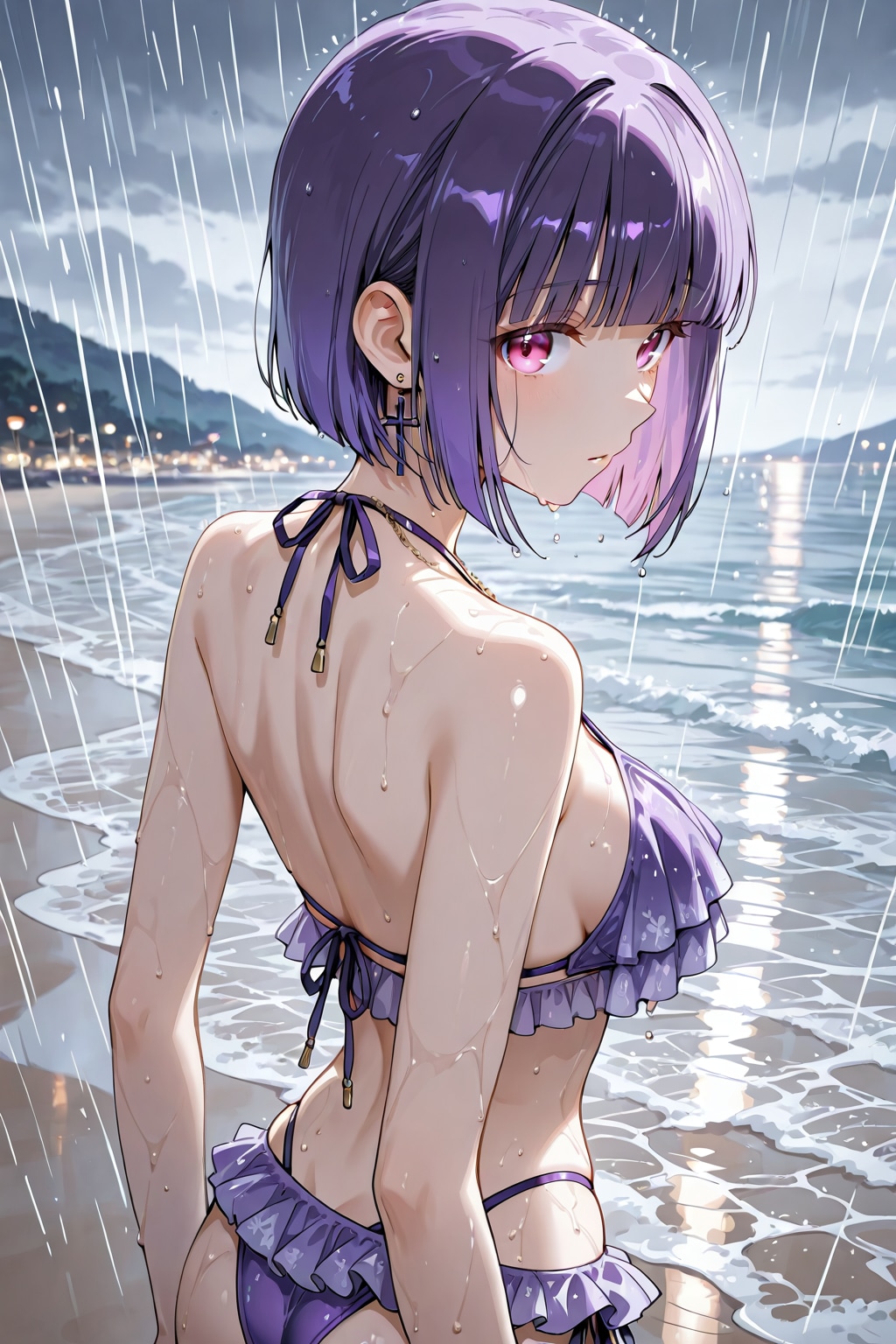 雨が降る海辺で