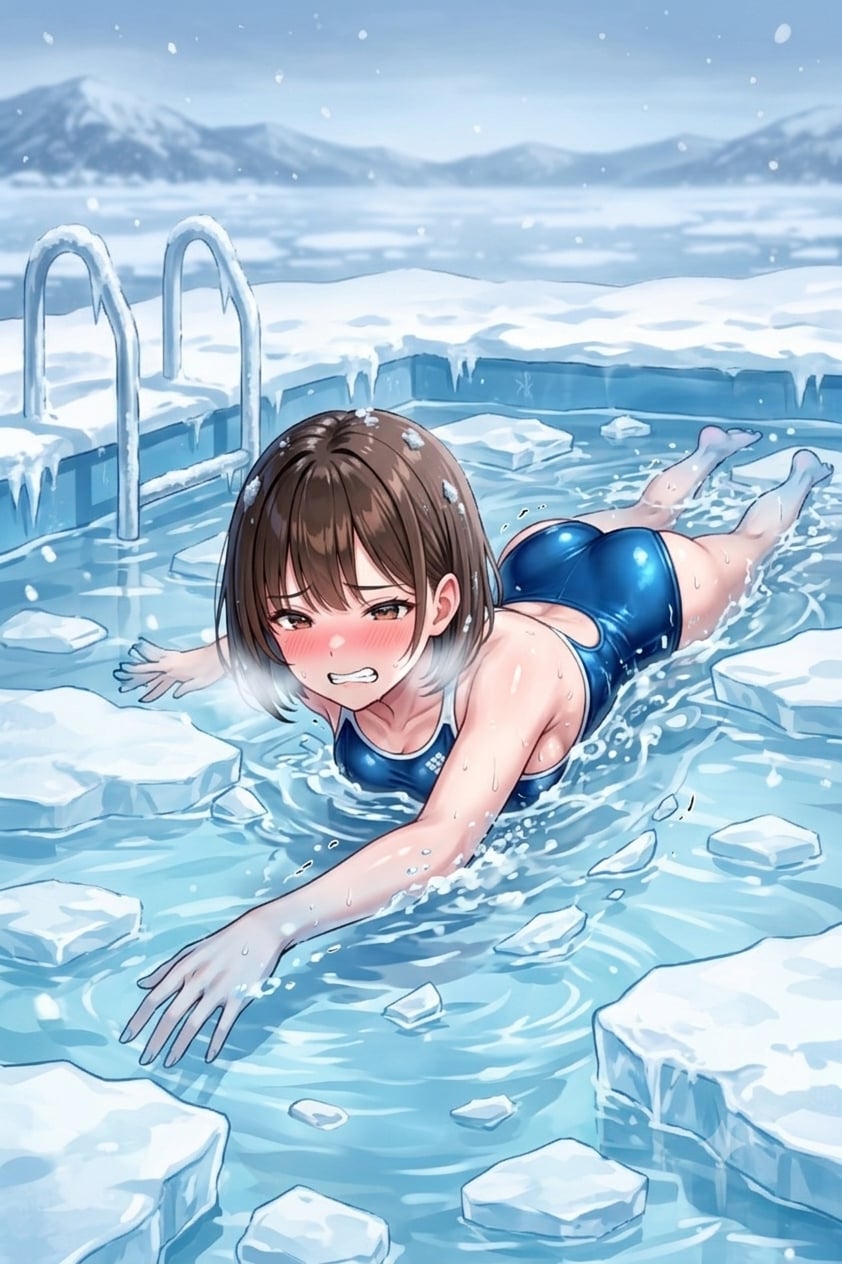スク水で寒中水泳するアキちゃん