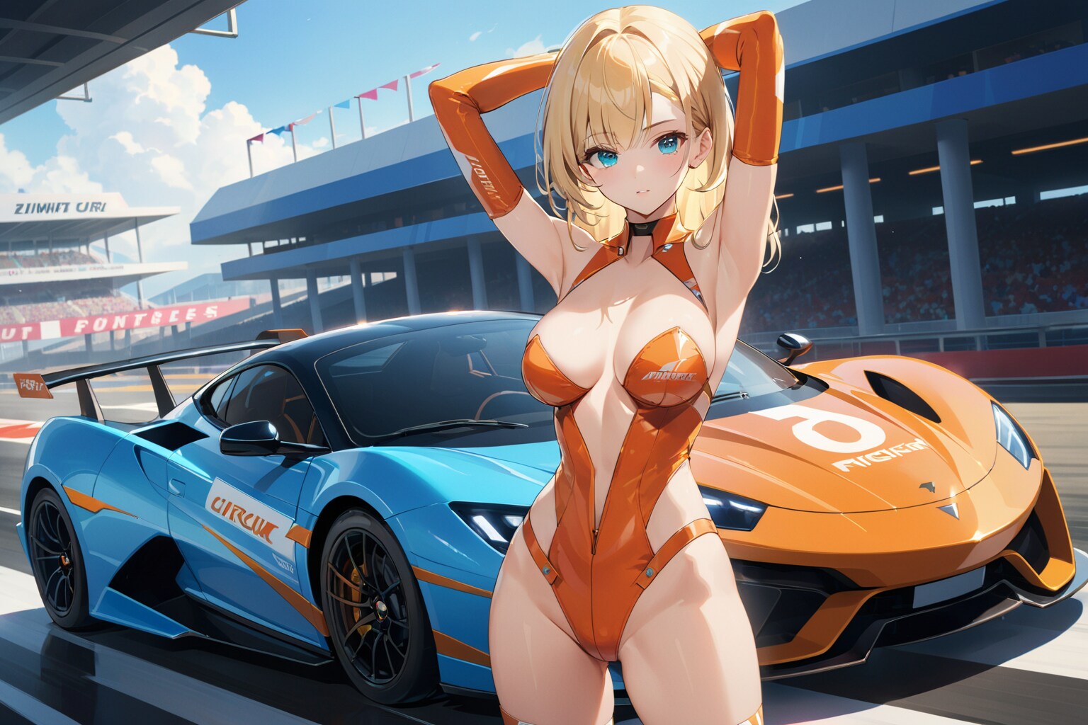 金髪のレースクイーンとスポーツカー