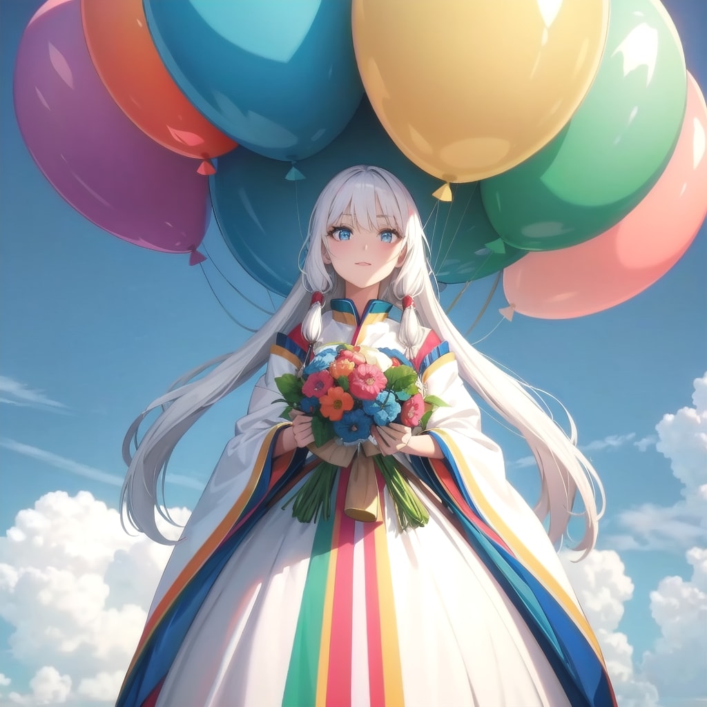 いっぱい色とりどりの巨大風船を持つ白い髪ロングオッドアイの民族衣装着た美女