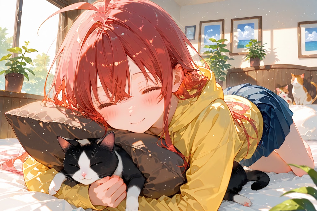 茶髪ロングJKと猫